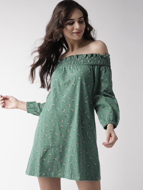 

Mast & Harbour Women Green Printed Off-Shoulder A-Line Dress