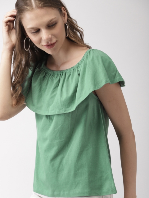

Mast & Harbour Women Green Solid Bardot Pure Cotton Top