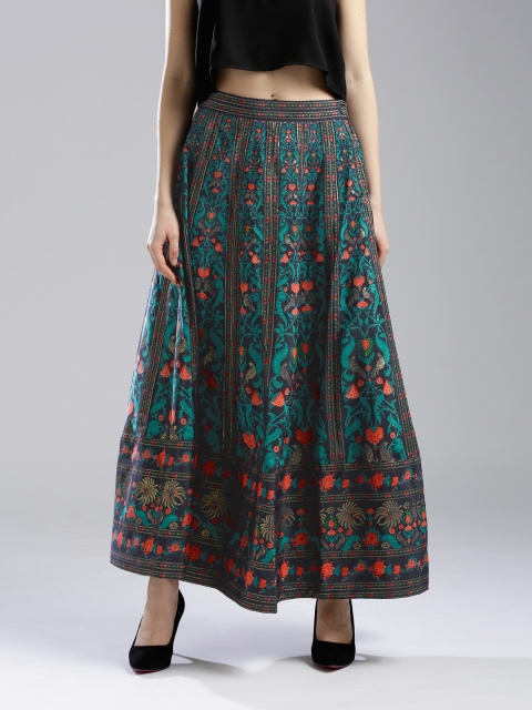 

WISHFUL by W Women Navy & Green Printed Maxi Flared Skirt, Navy blue