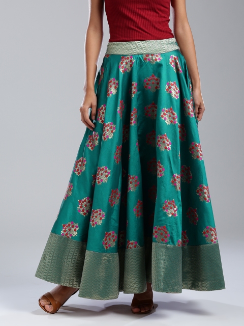 

Wishful by W Women Green Floral Woven Design Flared Maxi Skirt