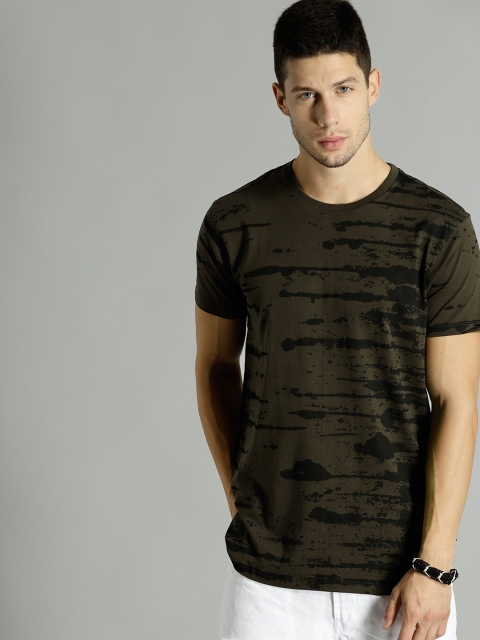 

Roadster Men Olive Green Printed Round Neck T-shirt