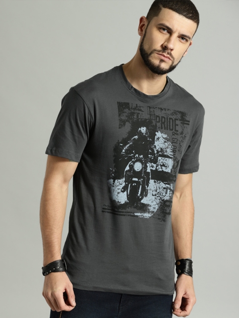 

Roadster Men Grey & Black Printed Round Neck T-shirt