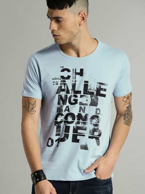 

Roadster Men Blue Printed Round Neck Pure Cotton T-shirt
