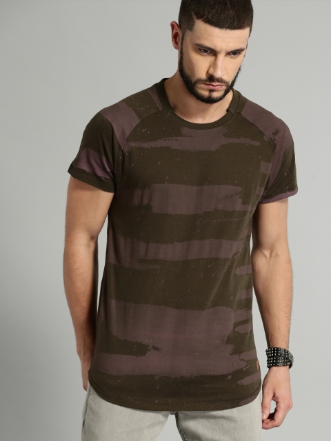 

Roadster Men Olive Green Brown Printed Round Neck Pure Cotton T-shirt