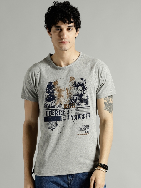 

Roadster Men Grey Melange Printed Round Neck T-shirt