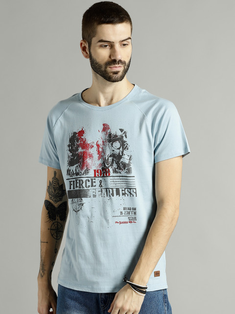

Roadster Men Blue Printed Round Neck T-shirt