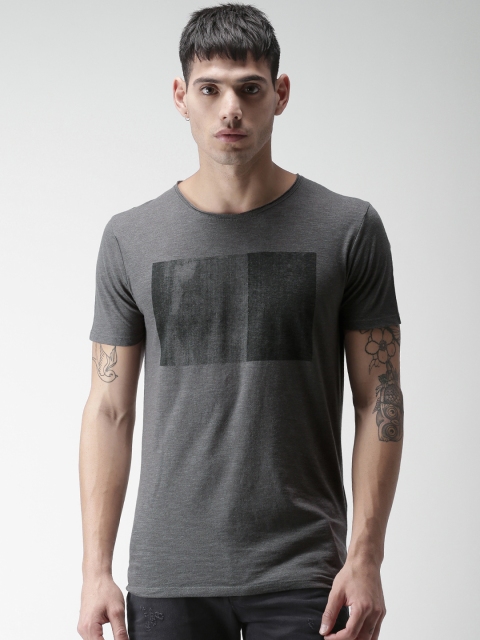 

SELECTED Men Charcoal Grey Slim Fit Printed Round Neck T-shirt