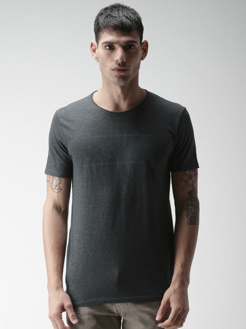 

SELECTED Men Charcoal Grey Slim Fit Printed Round Neck T-shirt