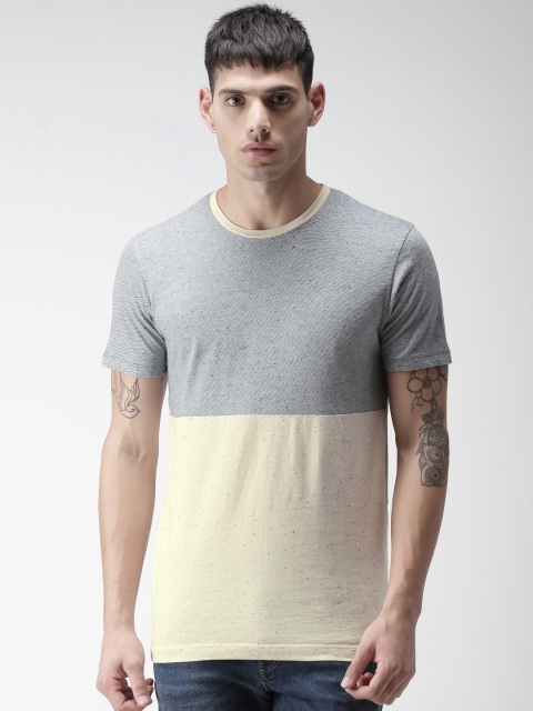 

SELECTED Men Blue & Beige Colourblocked Round Neck T-shirt