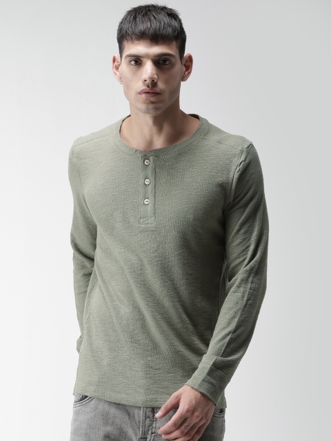 

SELECTED Men Green Slim Fit Solid Henley Neck T-shirt