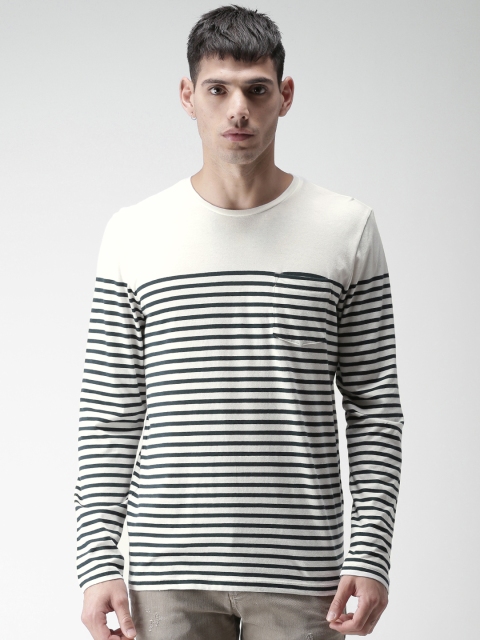 

SELECTED Men Off-White & Navy Slim Fit Striped Round Neck T-shirt