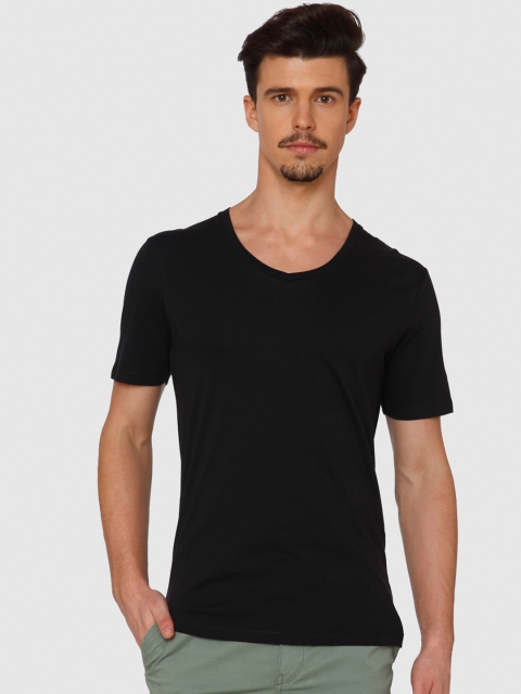 

SELECTED Men Black Solid Slim Fit V-Neck Pure Cotton T-shirt