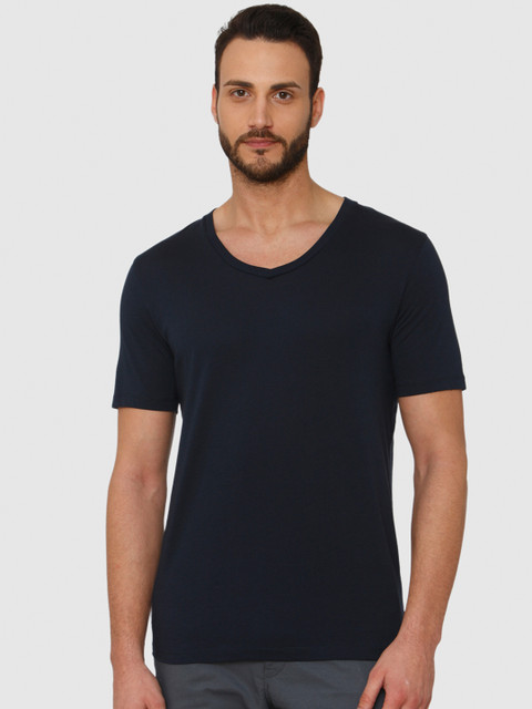 

SELECTED Men Navy Blue Solid Slim Fit V-Neck Pure Cotton T-shirt