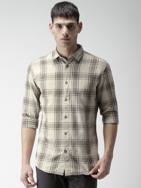 

SELECTED Men Beige & Brown Slim Fit Checked Casual Shirt