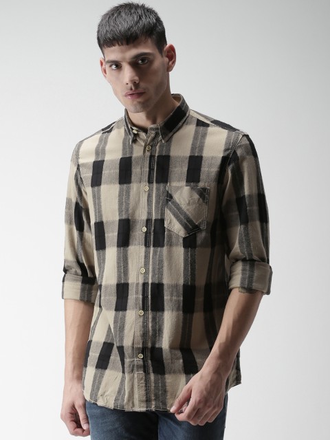 

SELECTED Men Beige & Black Slim Fit Checked Casual Shirt