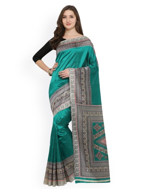 

Ligalz Turquoise Blue Printed Silk Cotton Saree