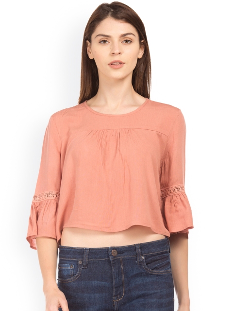 

Aeropostale Women Peach-Coloured Solid Boxy Crop Top