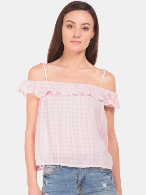 

Aeropostale Women White & Pink Checked Tank Top