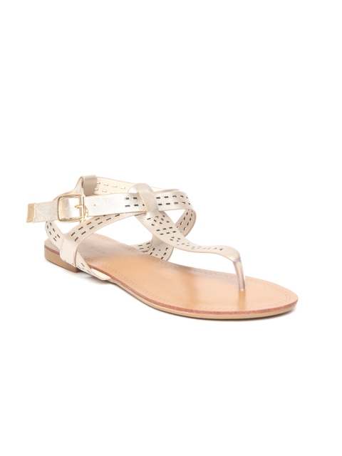 

Van Heusen Women Muted Gold-Toned Solid Synthetic T-Strap Flats