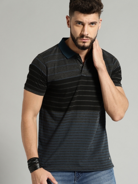 

Roadster Men Grey Striped Polo Collar T-shirt