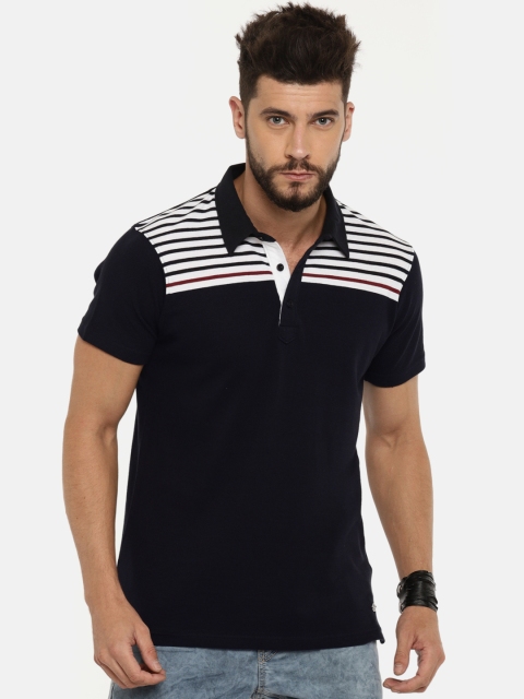

Roadster Men Navy Blue Striped Polo Collar T-shirt