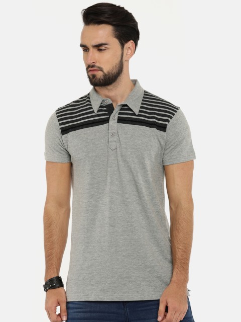 

Roadster Men Grey Striped Polo Collar T-shirt