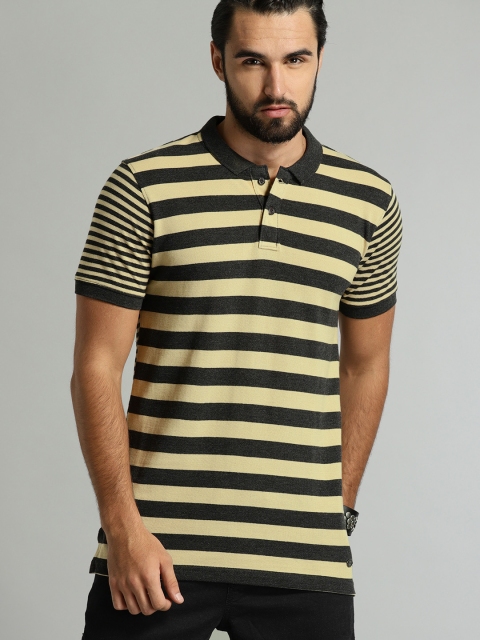 

Roadster Men Beige & Black Striped Polo Collar T-shirt