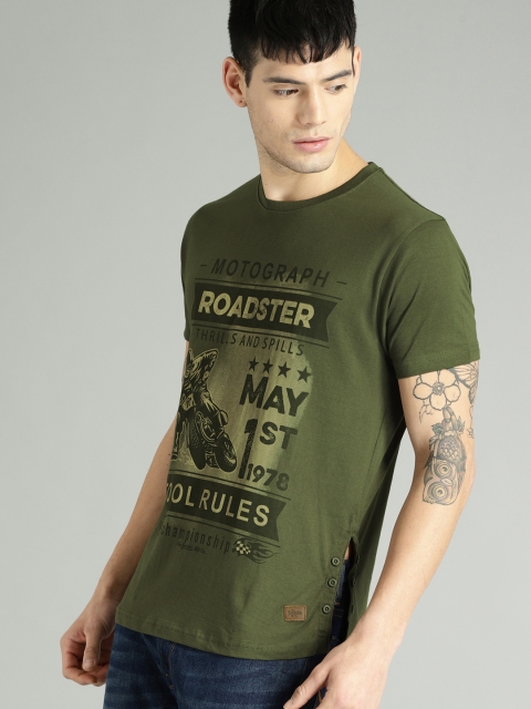 

Roadster Men Olive Green Printed Round Neck T-shirt