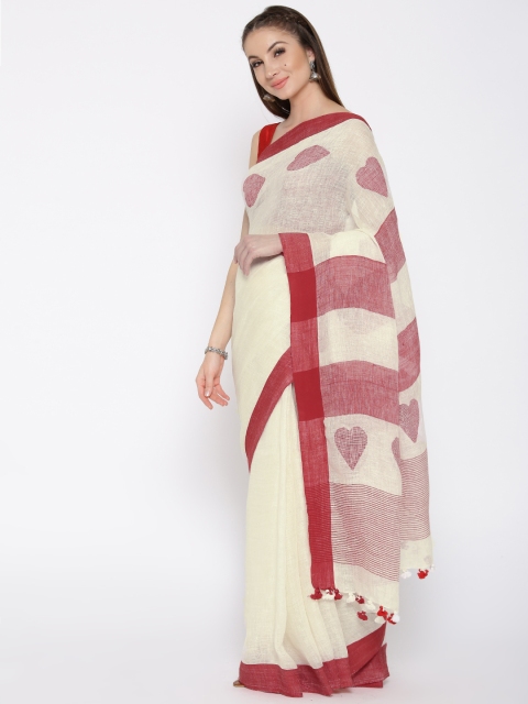 

lal10 Off-White & Red Solid Jamdani Handloom Saree