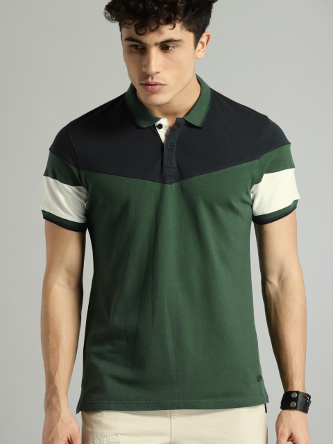 

Roadster Men Green & Navy Colourblocked Polo Collar T-shirt