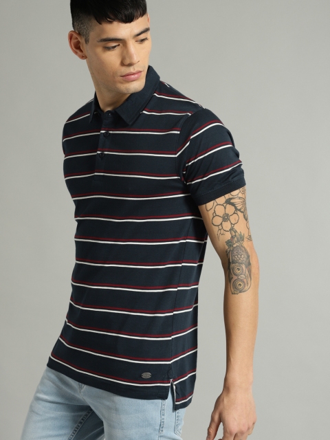 

Roadster Men Navy Blue & White Striped Polo Collar T-shirt