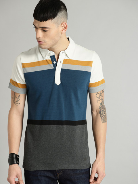 

Roadster Men Blue & Grey Colourblocked Polo Collar T-shirt