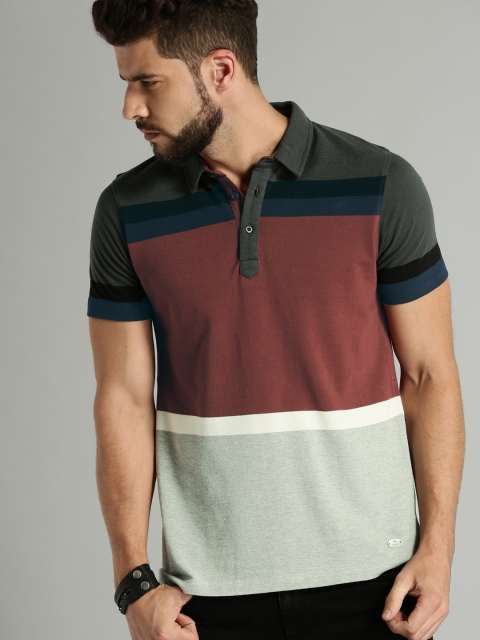 

Roadster Men Maroon Grey Melange Colourblocked Polo Collar Pure Cotton T-shirt