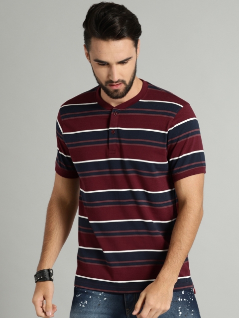

Roadster Men Maroon Striped Henley Neck T-shirt