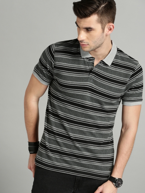 

Roadster Men Grey Melange & Black Striped Polo Collar T-shirt