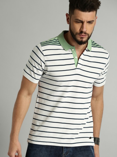 

Roadster Men White & Navy Blue Striped Polo Collar T-shirt