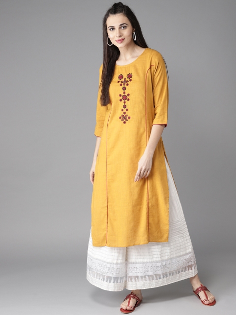 

Moda Rapido Women Mustard Yellow Yoke Design Straight Kurta