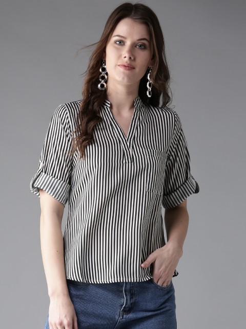 

Moda Rapido Women White & Black Striped Shirt Style Top
