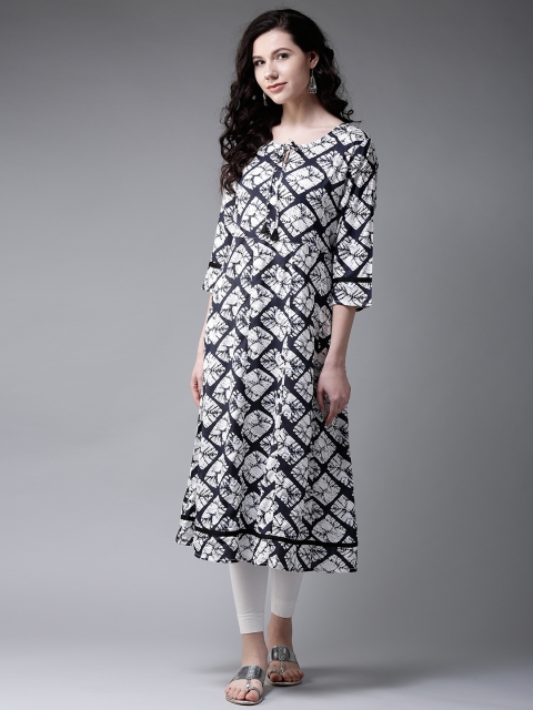 

Moda Rapido Women White & Navy Blue Printed A-Line Kurta