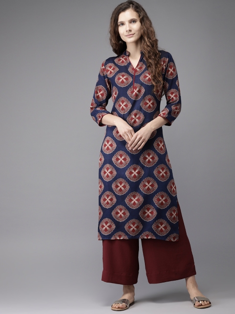 

Moda Rapido Women Navy Blue & Maroon Printed Straight Kurta