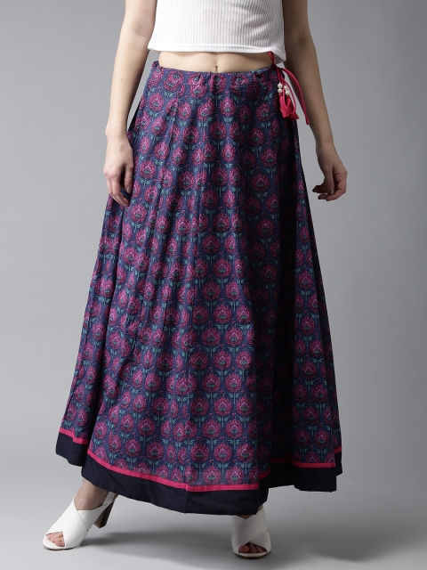 

HERE&NOW Navy Blue & Pink Printed Maxi Flared Skirt
