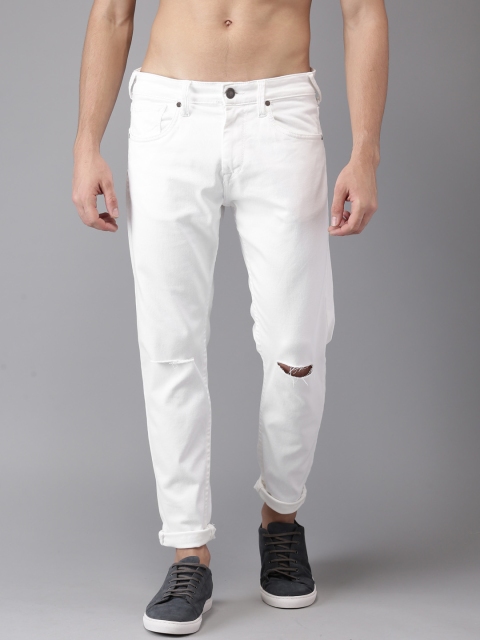 

HERE&NOW Men White Slim Fit Mid-Rise Slash Knee Stretchable Cropped Jeans