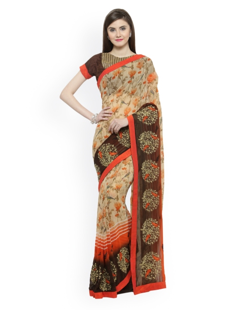 

Shaily Cream-Coloured & Brown Pure Georgette Printed Saree