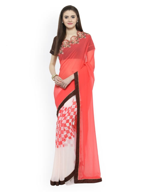 

Shaily Peach-Coloured & White Pure Georgette Embroidered Saree