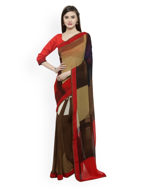

Shaily Coffee Brown & Red Pure Georgette Printed Saree