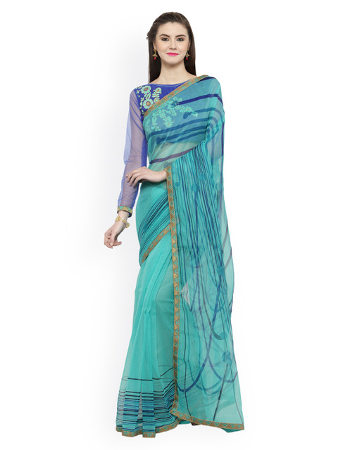 

Shaily Turquoise Blue Printed Net Saree