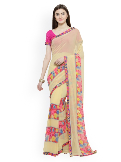 

Shaily Cream-Coloured & Pink Pure Georgette Printed Saree