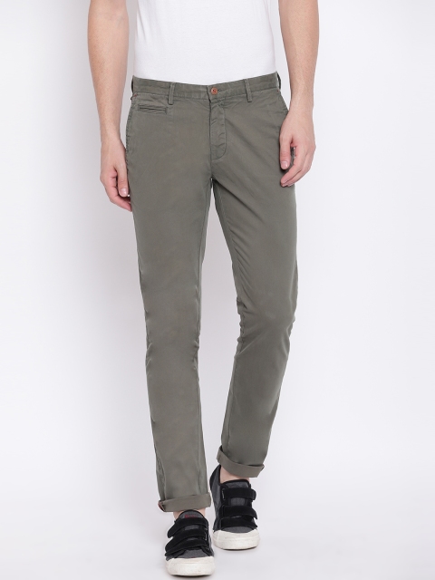 

Blackberrys Men Olive Green Tapered Fit Solid Trousers