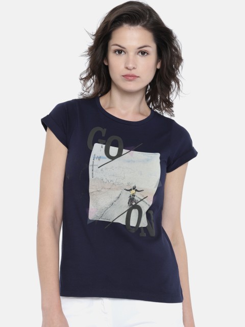 

Wrangler Women Navy Blue Printed Round Neck T-shirt