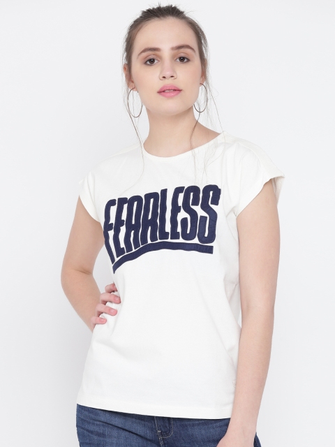 

Wrangler Women Off-White & Navy Blue Applique Round Neck T-shirt